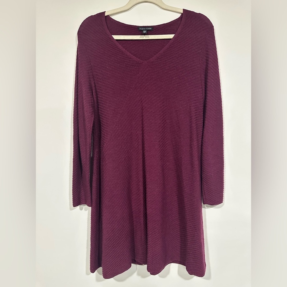 $298 Eileen Fisher Merino Wool Textured Vneck A-line Sweater Dress S Ribbed